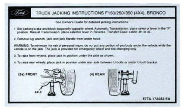 Truck Jack Instruction Decal For 1987-1994 Ford F150 F250 F350