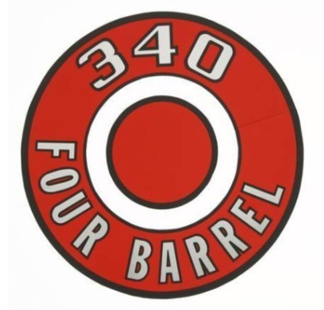 Red 340 Four Barrel Air Cleaner Lid Decal For 1970 Challenger and Cuda Models