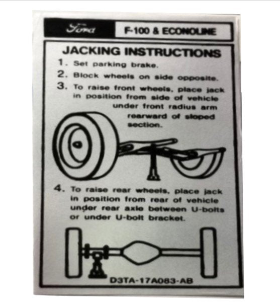 Jack Instruction Decal For1973-1974 Ford F100 Trucks and Econoline Vans
