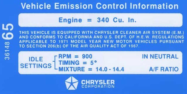 Reproduction Emission Decal For 1971 Dodge Dart and Plymouth Duster