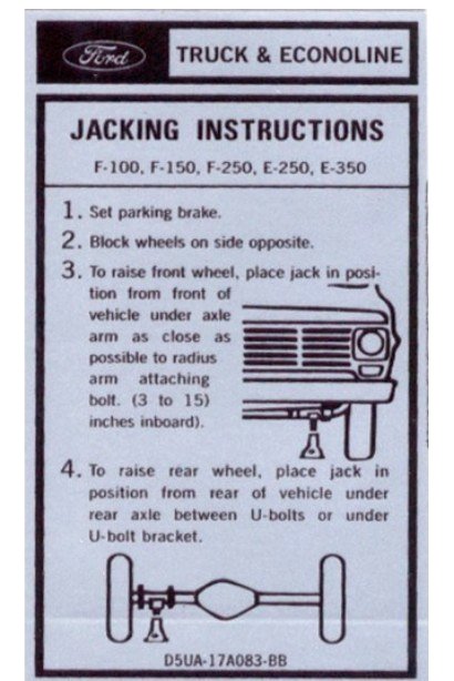 Jack Instruction Decal For 1975-1978 Ford F100 F150 F250 and F350 Pickup Trucks