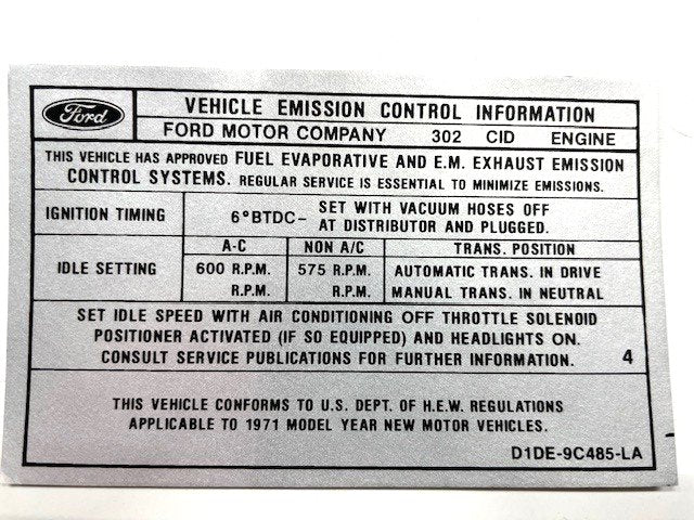 Reproduction 302-2V Automatic Emission Decal For 1971 Ford Trucks and Bronco
