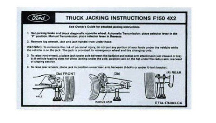 Truck Jack Instruction Decal For 1987-1989 Ford F150 F250 F350