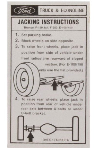 Reproduction Jack Instruction Decal For 1979-1980 Ford Bronco Models